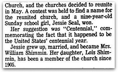 An article about the Centennial Methodist Church of Rockford, Illinois, Register Republic newspaper article 20 September 1976