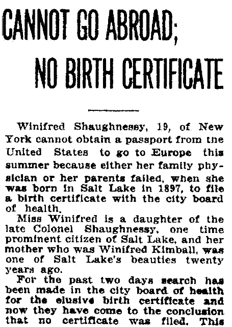 An article about birth certificates, Salt Lake Telegram newspaper article 6 April 1916