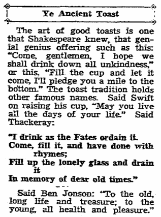 An article about the giving of toasts at gatherings, San Diego Union newspaper article 14 January 1934