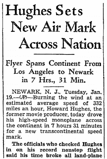 An article about Howard Hughes setting an aviation speed record in 1937, Seattle Daily Times newspaper article 19 January 1937