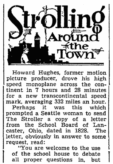 An article about Howard Hughes setting an aviation speed record in 1937, Seattle Daily Times newspaper article 20 January 1937