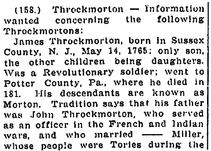 An article about the Throckmorton family, Times-Picayune newspaper article 12 January 1913