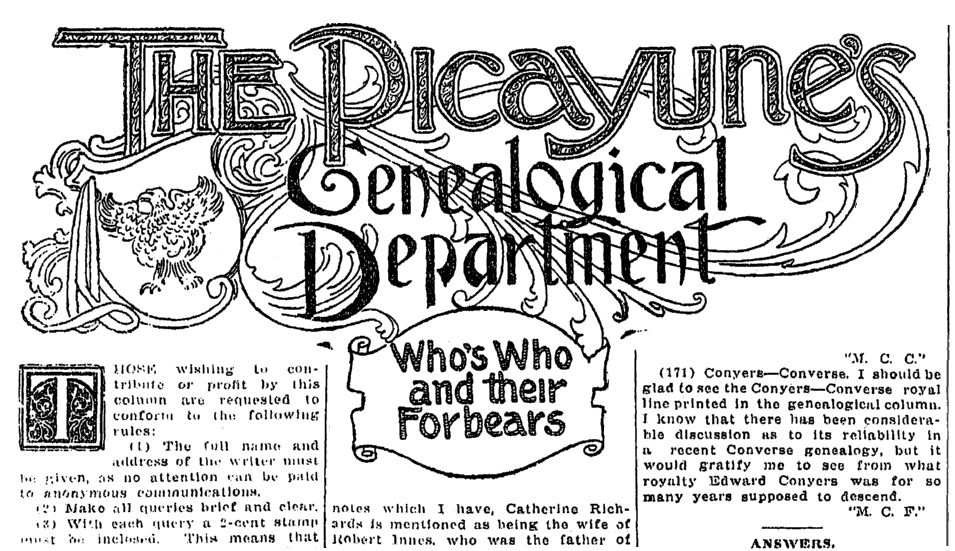 An article about genealogy, Times-Picayune newspaper article 26 January 1913