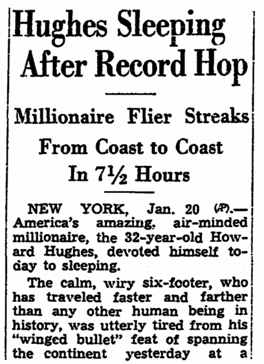 An article about Howard Hughes setting an aviation speed record in 1937, Trenton Evening Times newspaper article 20 January 1937