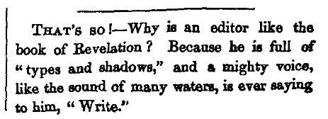 A joke about newspaper editors, Waltham Sentinel newspaper article 12 March 1858