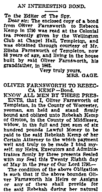 An article about Oliver Farnsworth and Rebecca Kemp, Worcester Daily Spy newspaper article 14 June 1903