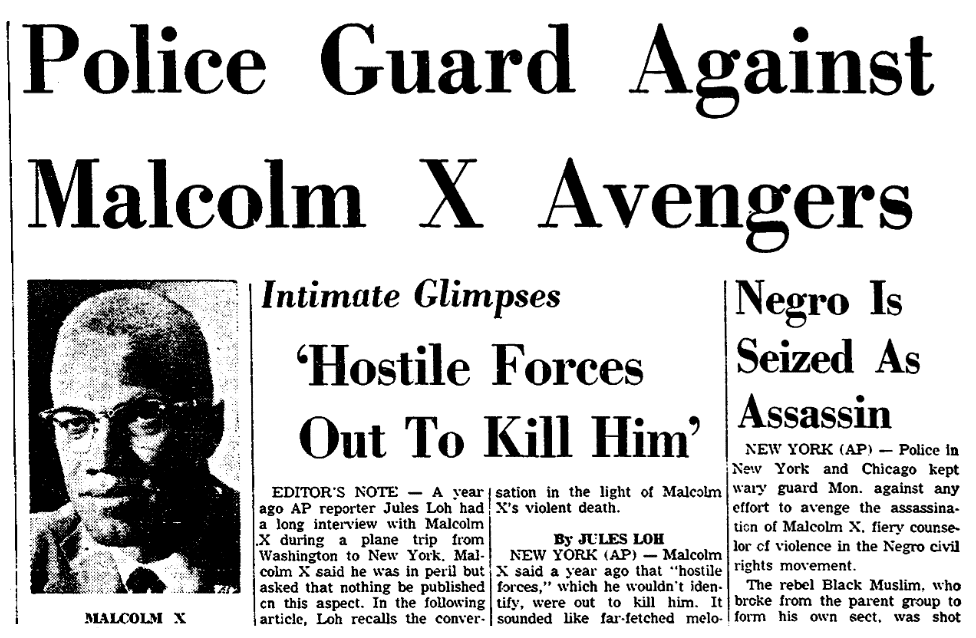 An article about the assassination of Malcolm X, Aberdeen Daily News newspaper article 22 February 1965