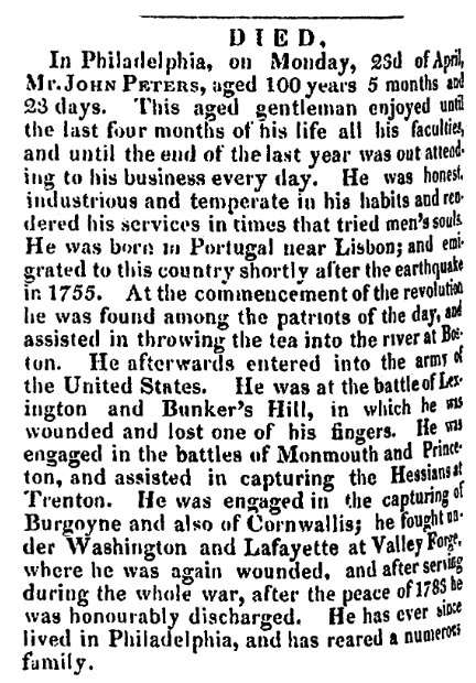 An obituary for John Peters, Alexandria Gazette newspaper article 1 May 1832