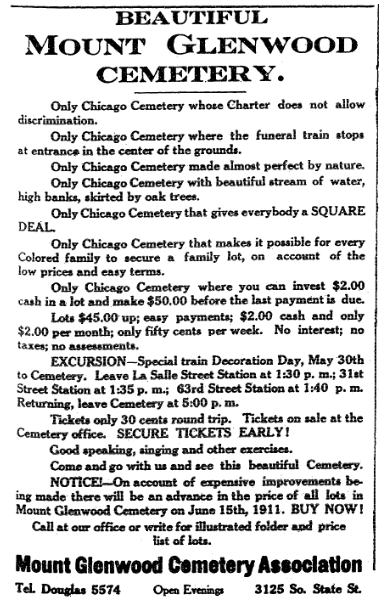 An ad for Mount Glenwood Cemetery, Broad Ax newspaper advertisement 20 May 1911