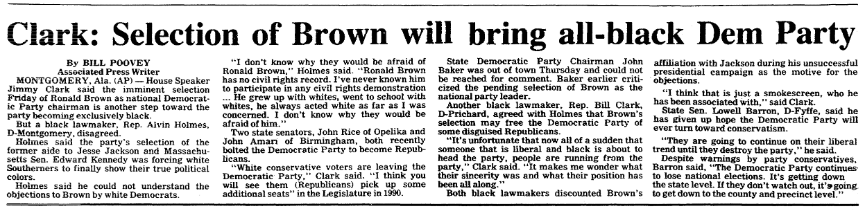 An article about Ronald Harmon “Ron” Brown, Mobile Register newspaper article 10 February 1989