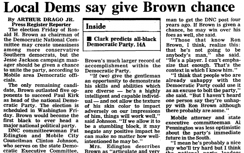 An article about Ronald Harmon “Ron” Brown, Mobile Register newspaper article 10 February 1989