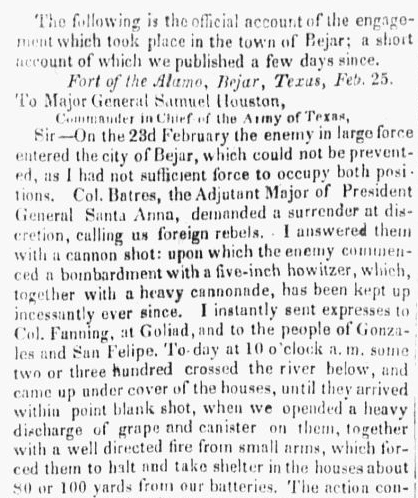 A letter sent from the Alamo by William Barret Travis, National Banner and Daily Advertiser newspaper article 1 April 1836