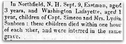 An obituary for the Sanborn children, Spooner’s Vermont Journal newspaper article 30 September 1826