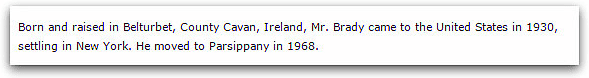 An obituary for Nicholas Brady, Star-Ledger newspaper article 12 December 2006