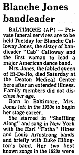 An obituary for Blanche Calloway, Arkansas Democrat newspaper article 18 December 1978
