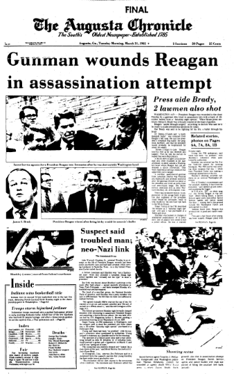 Front page news about the attempted assassination of President Ronald Reagan, Augusta Chronicle newspaper article 31 March 1981