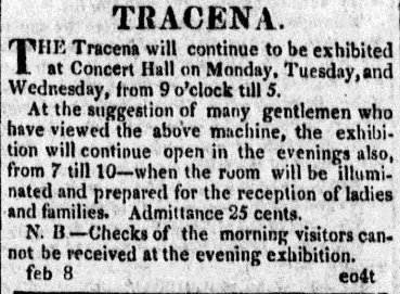 An ad for an early type of bicycle, the "Tracena," Baltimore Patriot newspaper article 10 February 1819