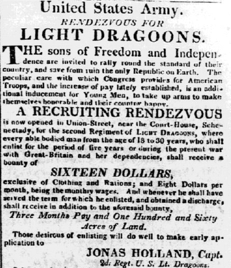 A recruiting ad for the War of 1812, Cabinet newspaper advertisement 6 January 1813