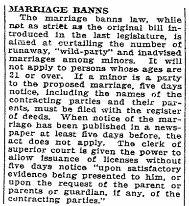 An article about marriage banns, Charlotte Observer newspaper article 1 July 1929