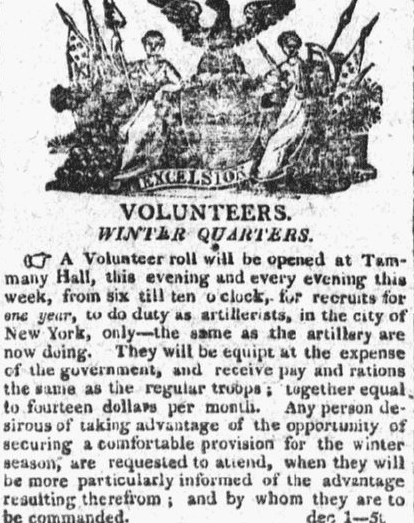 A recruiting ad for the War of 1812, Columbian newspaper advertisement 5 December 1812