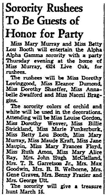 An article about sororities, Dallas Morning News newspaper article 9 March 1939