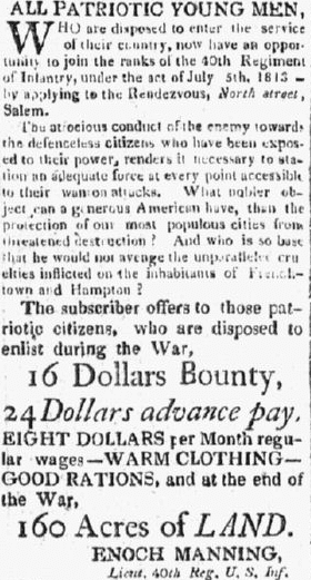 A recruiting ad for the War of 1812, Essex Register newspaper advertisement 1 January 1814