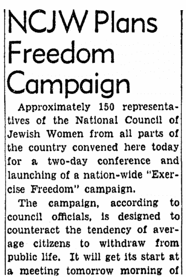 An article about the National Council of Jewish Women, Evening Star newspaper article 19 February 1952