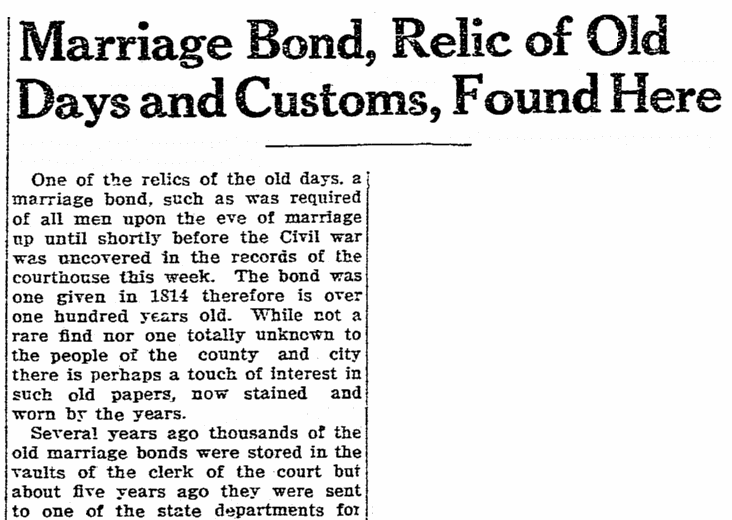 An article about marriage bonds, Greensboro Record newspaper article 20 July 1922