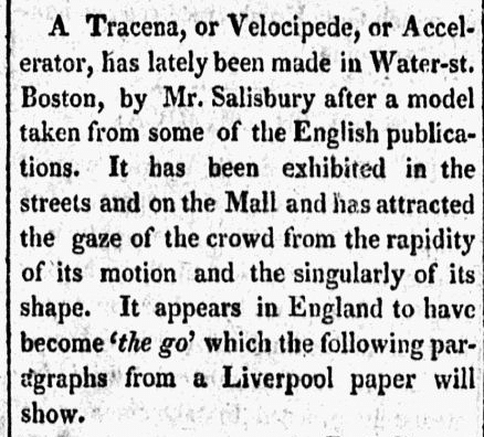 An article for an early type of bicycle, the "Tracena," Hampden Patriot newspaper article 6 May 1819