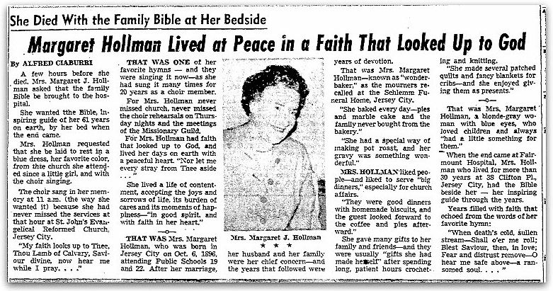 An obituary for Margaret Hollman, Jersey Journal newspaper article 26 January 1957