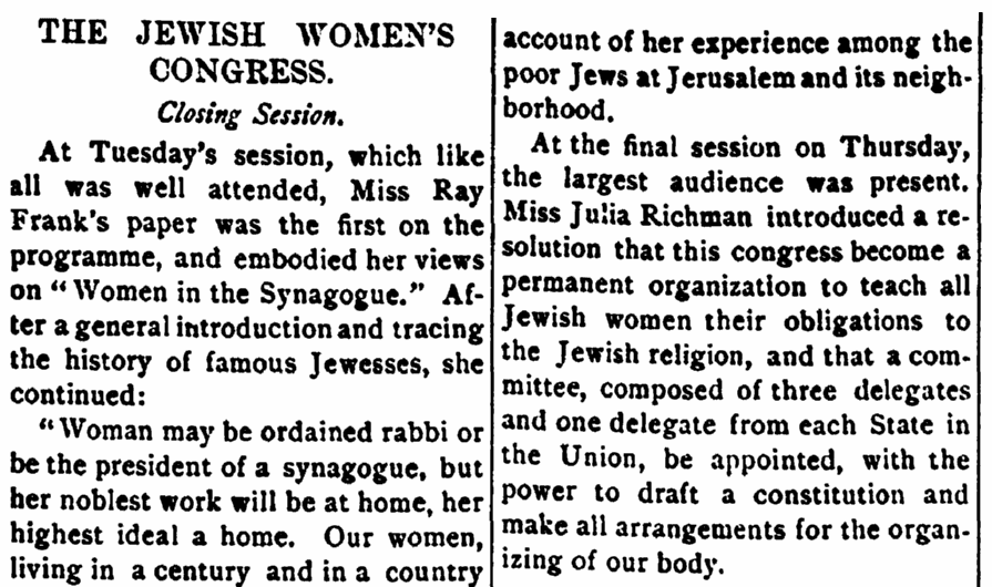 An article about the the National Council of Jewish Women, Jewish Messenger newspaper article 15 September 1893