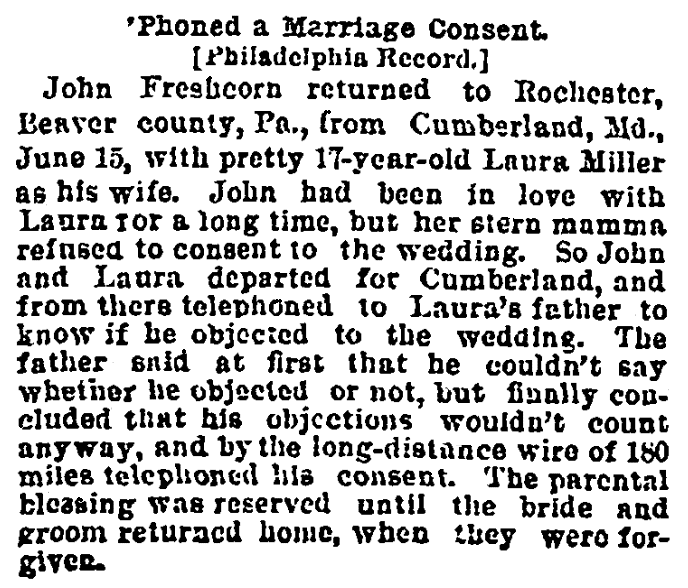 An article about marriage consent, Kansas City Times 25 June 1894