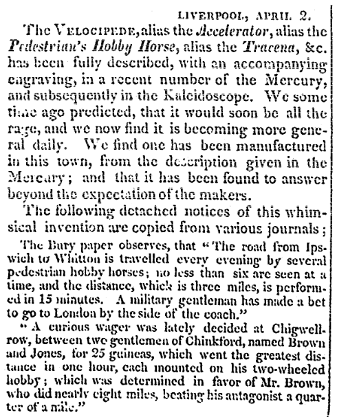 An article about an early type of bicycle, the "Tracena," National Intelligencer newspaper article 1 May 1819