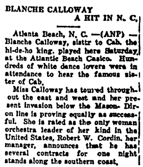 An article about Blanche Calloway, Negro Star newspaper article 4 August 1933