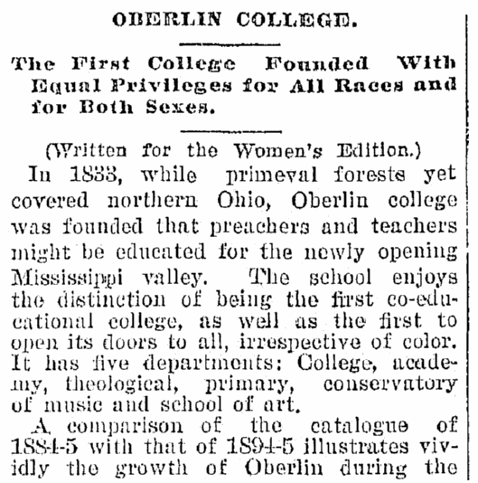 An article about Oberlin College, Plain Dealer newspaper article 27 January 1895