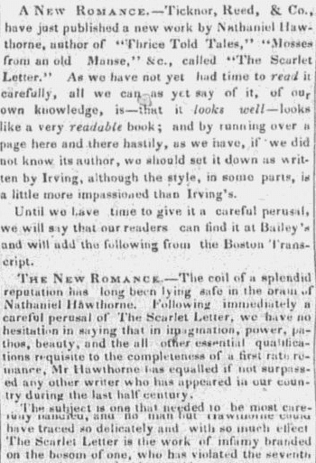 An article about Nathaniel Hawthorne and "The Scarlet Letter," Portland Daily Advertiser newspaper article 20 March 1850