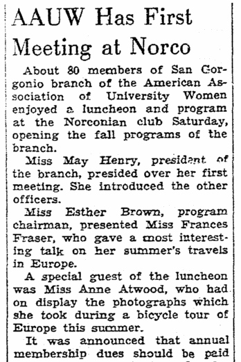 An article about the American Association of University Women, Riverside Daily Press newspaper article 31 October 1939