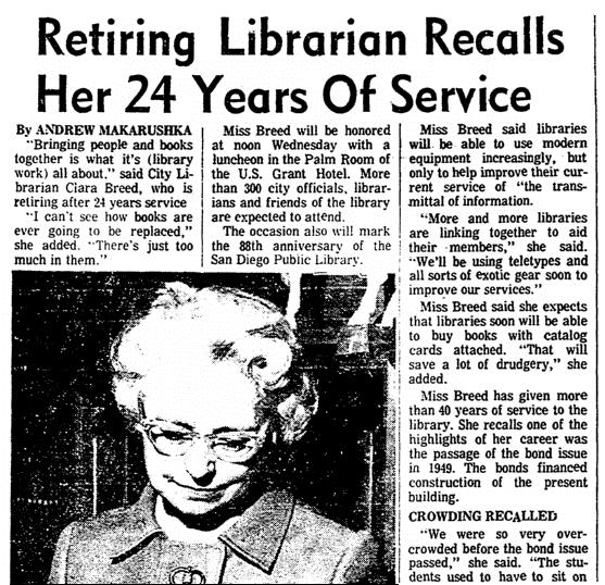 An article about Clara Breed, San Diego Union newspaper article 25 May 1970