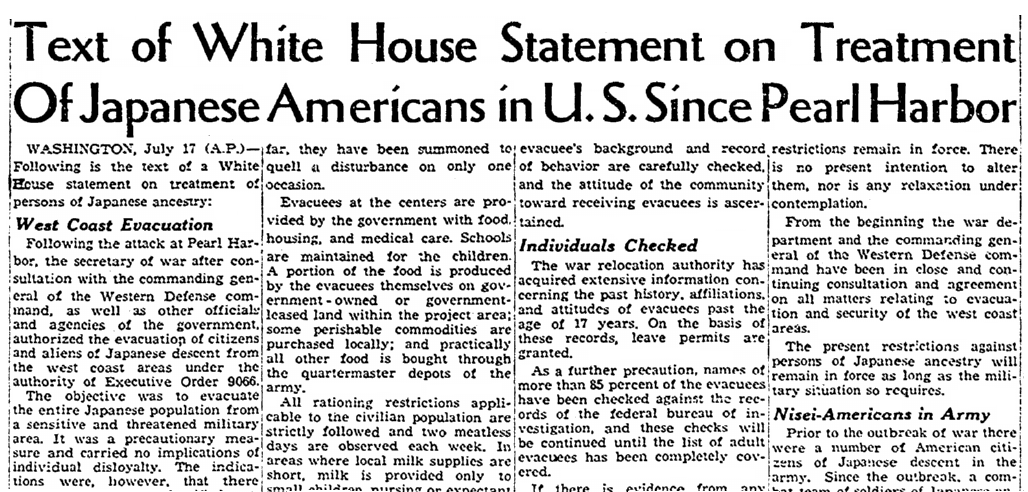 An article about the internment of Japanese Americans during WWII, San Diego Union newspaper article 18 July 1943