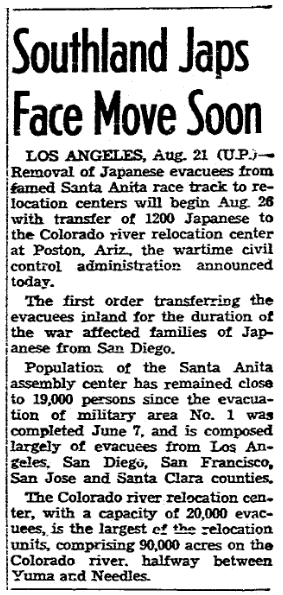 An article about the internment of Japanese Americans during WWII, San Diego Union newspaper article 22 August 1942