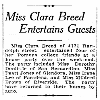 An article about Clara Breed, San Diego Union newspaper article 28 August 1925