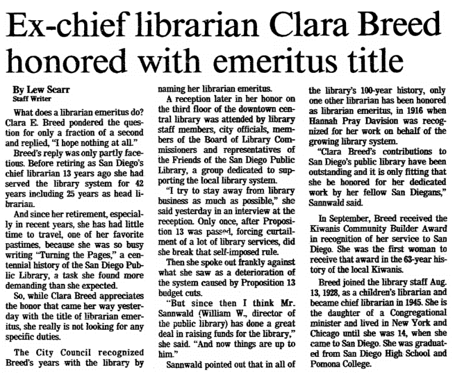 An article about Clara Breed, San Diego Union newspaper article 6 December 1983