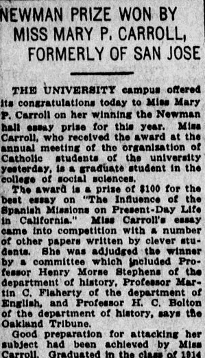 An article about college student Mary Carroll, San Jose Mercury News newspaper article 18 April 1915