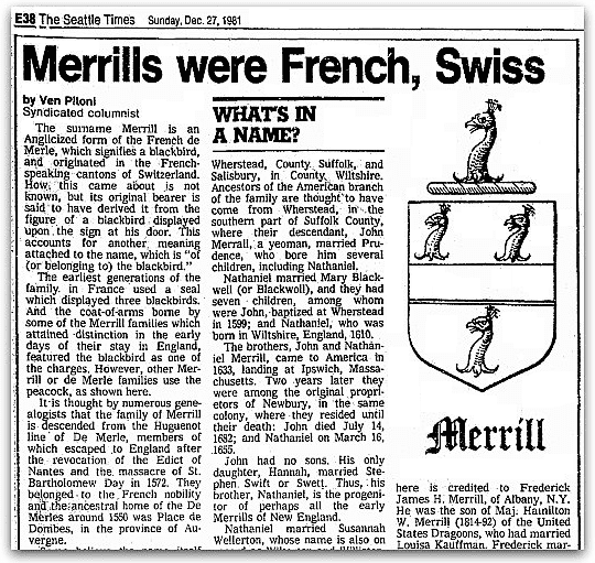 An article about the surname "Merrill," Seattle Daily Times newspaper article 27 December 1981