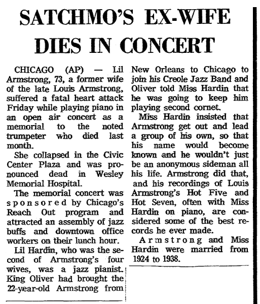 An obituary for Lil Armstrong, Springfield Union newspaper article 28 August 1971