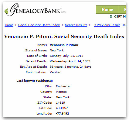 Social Security Death Index listing for Venanzio P. Pitoni (1912-1999)