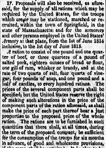 An article about soldiers' rations for the War of 1812, Voice of the Nation newspaper article 18 December 1813