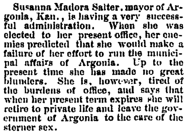 An article about Susanna Salter, Arkansas Gazette newspaper article 5 August 1887