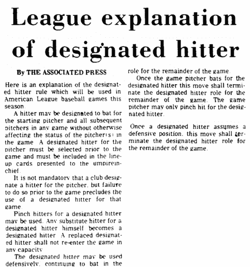 An article about the designated hitter in Major League Baseball, Augusta Chronicle newspaper article 6 April 1973