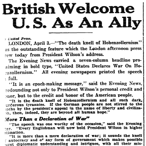 An article about the U.S. entering World War I, Cincinnati Post newspaper article 3 April 1917